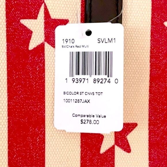 COACH NWT LARGE CANVAS TOTE BAG CHALK RED STRIPED WITH STARS PATRIOTIC - Picture 9 of 9